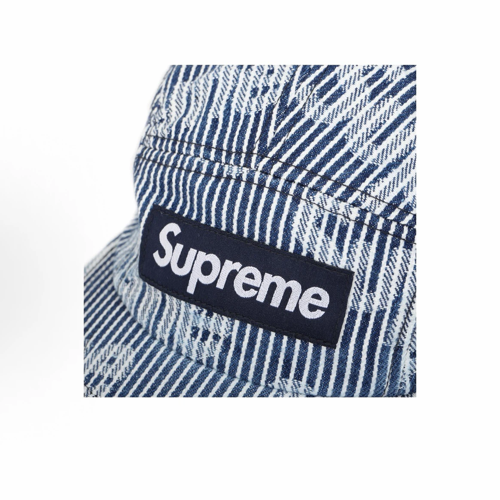 Denim Jacquard 5 Panel Camp Cap, Blue Stripe Logo Street Hat Adjustable Strap