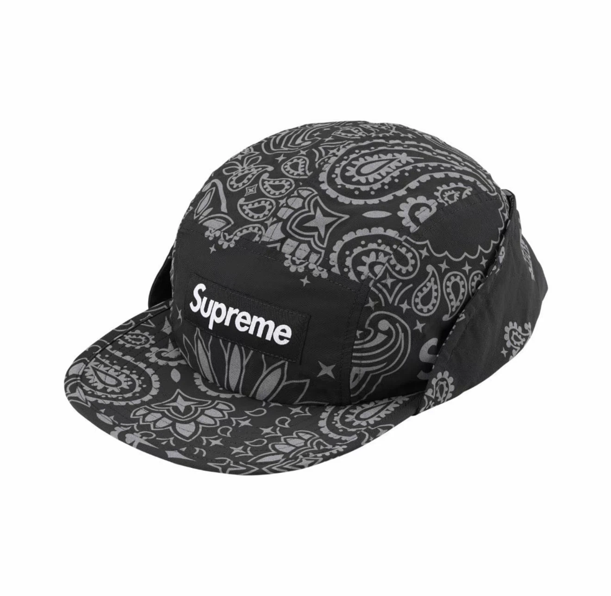 Paisley Print 5 Panel Camp Cap, Black Bandana Pattern Street Hat with Ear Flap, Adjustable Strap