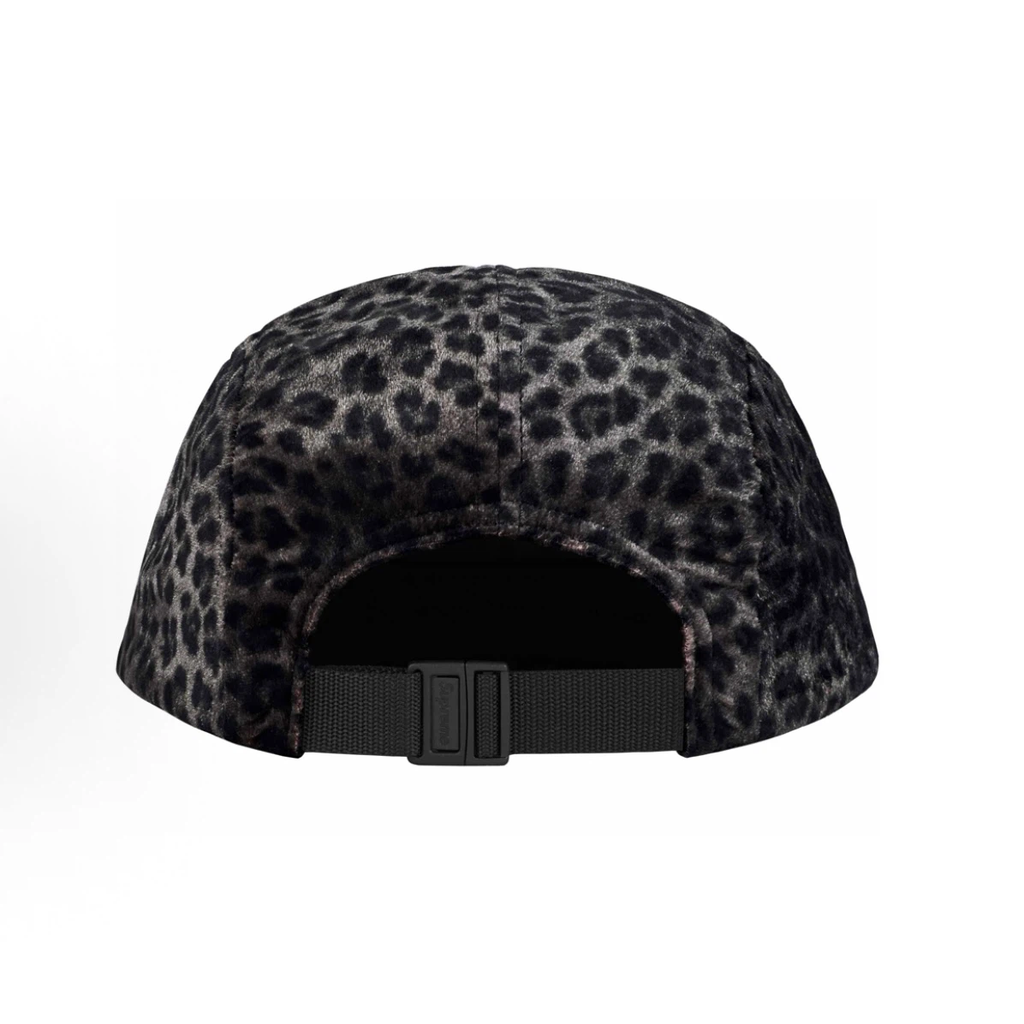 Leopard Print 5 Panel Camp Cap, Black Grey Velvet Street Hat Adjustable Strap