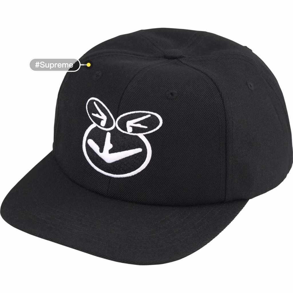6 Panel Flat Brim Baseball Cap, Black Cotton Cartoon Embroidery Street Hat Adjustable Snapback