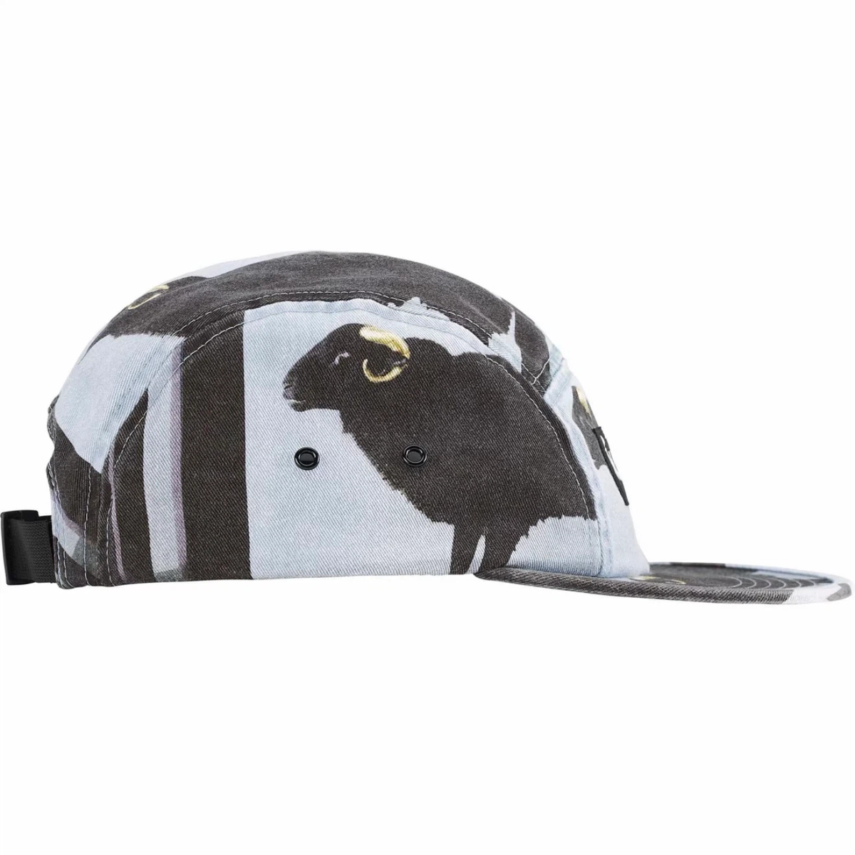 Ram Print 5 Panel Camp Cap, Black Street Hat with Adjustable Strap