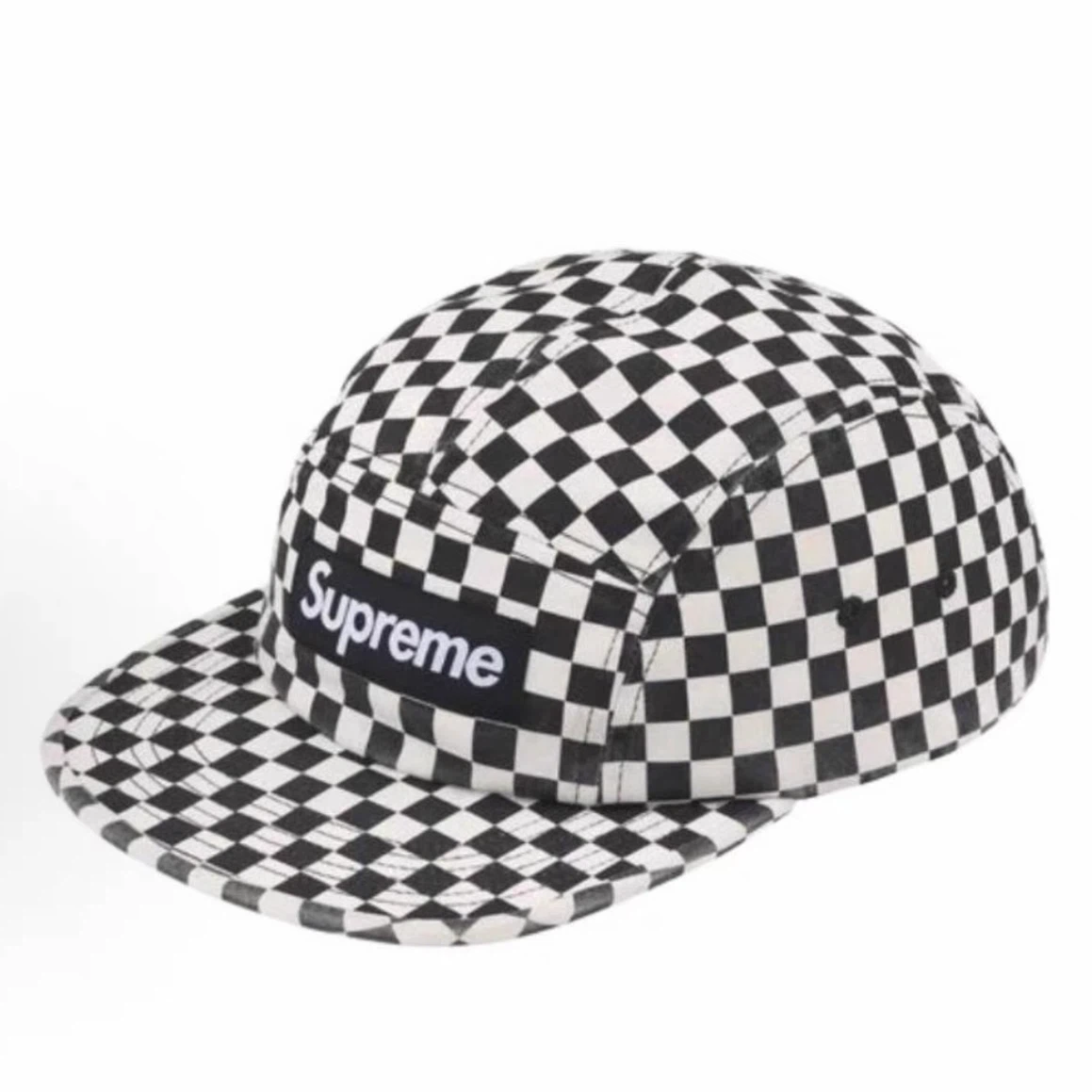 Black and White Checkerboard Print 5 Panel Camp Cap, Streetwear Hat with Leather Strap