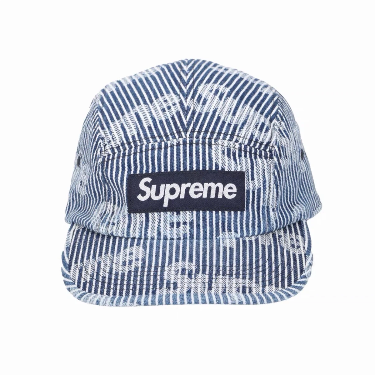 Denim Jacquard 5 Panel Camp Cap, Blue Stripe Logo Street Hat Adjustable Strap