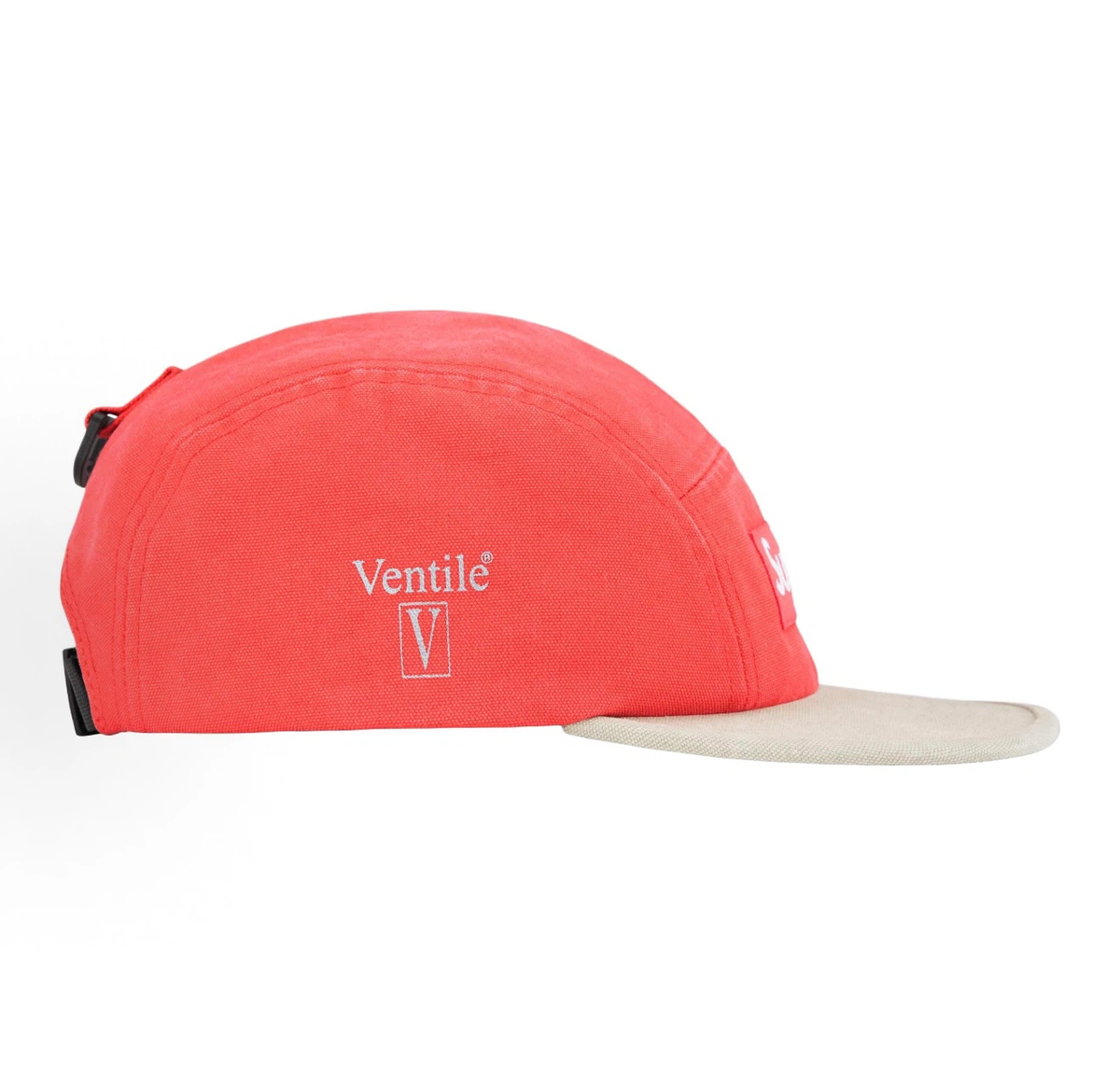 Supreme Ventile Canvas Camp Cap, Coral & Beige 5 Panel Hat Box Logo Adjustable Strap