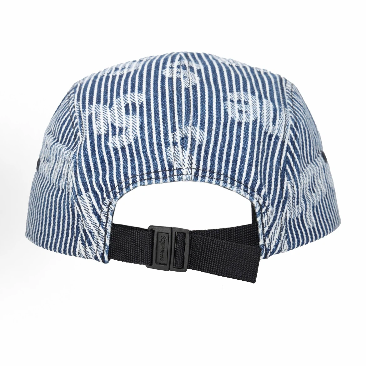 Denim Jacquard 5 Panel Camp Cap, Blue Stripe Logo Street Hat Adjustable Strap