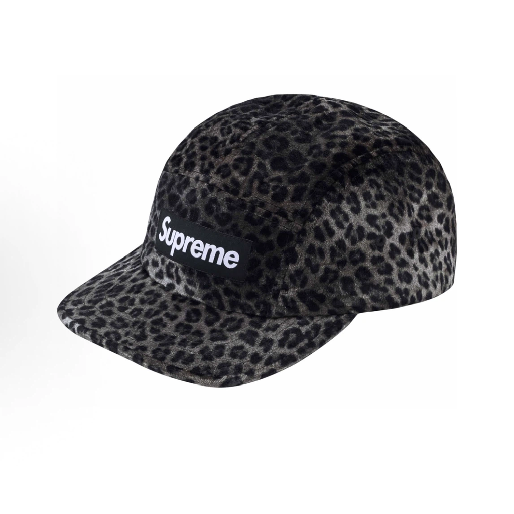 Leopard Print 5 Panel Camp Cap, Black Grey Velvet Street Hat Adjustable Strap